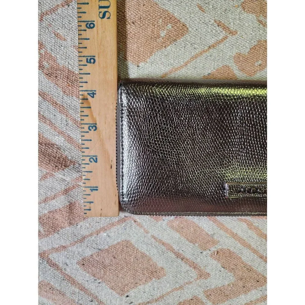 DKNY EMBOSSED METALLIC LEATHER  ZIP AROUND WALLET CLUTCH GUNMETAL #A69